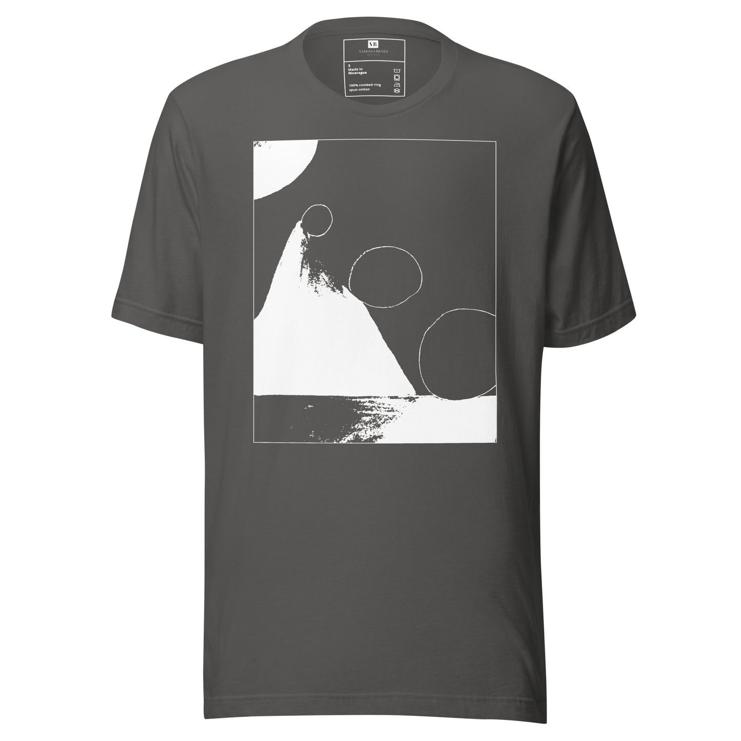 Asphalt cotton graphic t-shirt with white abstract pyramid artwork in a thin white square on front
