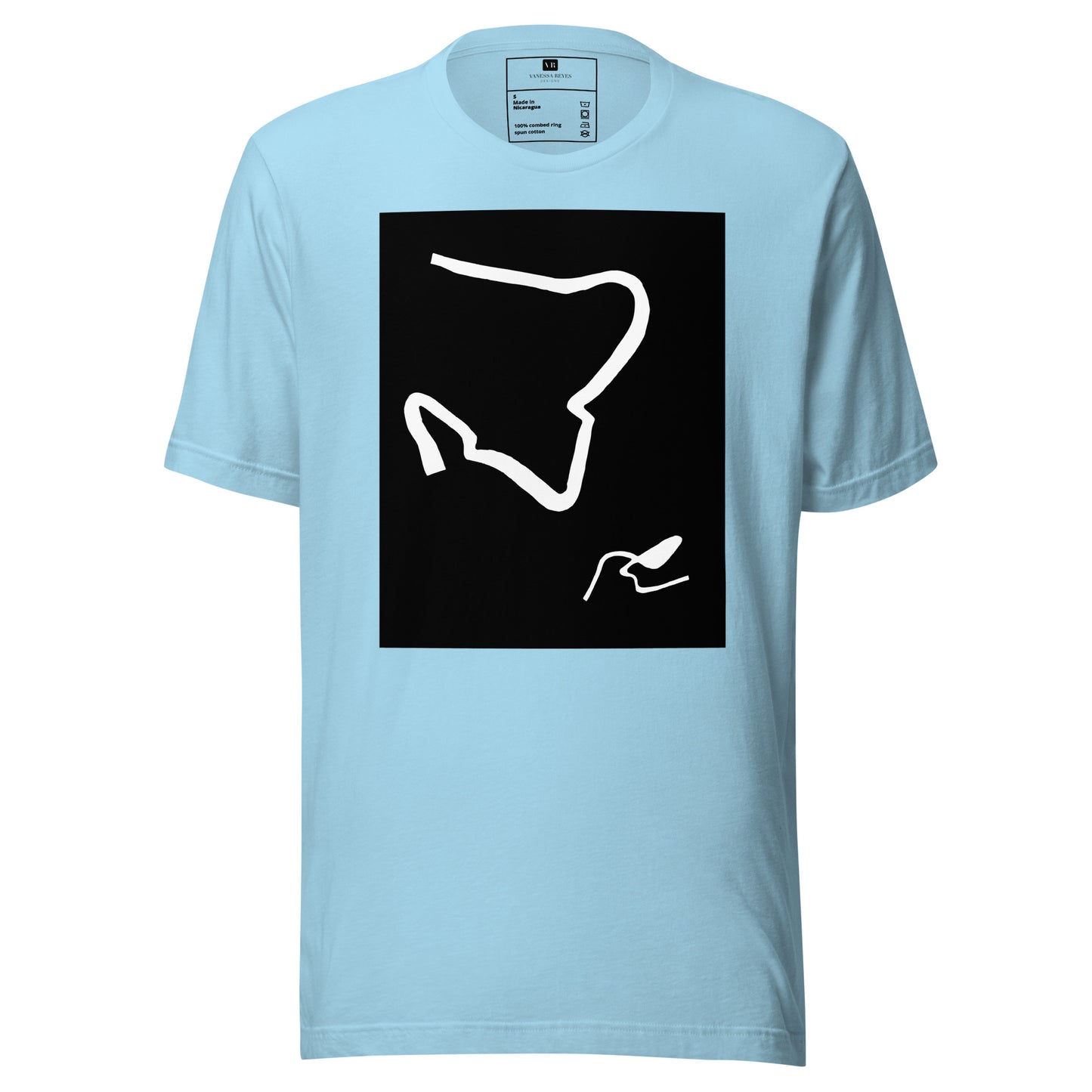 Blue cotton graphic t-shirt with black and white abstract artwork of lines resembling a paperclip on front