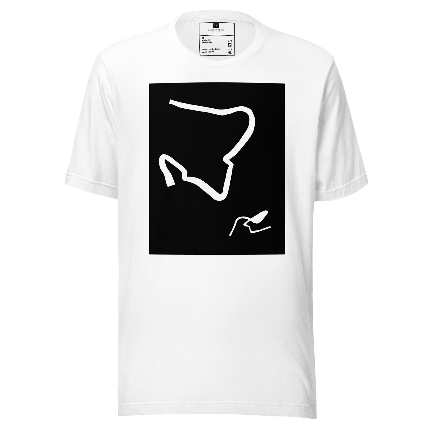 White cotton graphic t-shirt with black and white abstract artwork of lines resembling a paperclip on front