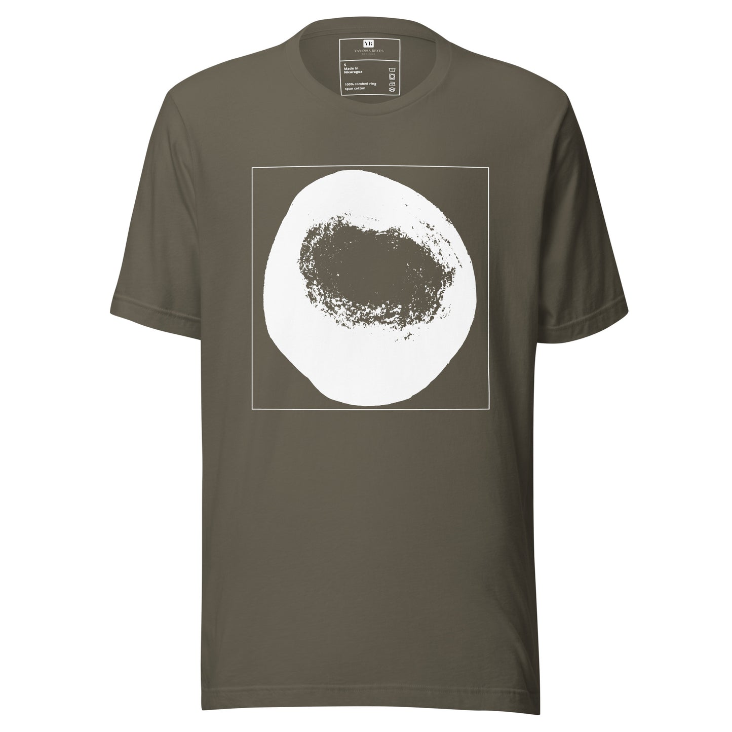 Army cotton graphic t-shirt with white abstract dome artwork in a thin white square on front