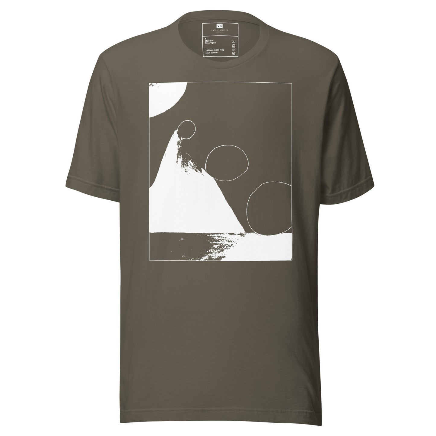 Army cotton graphic t-shirt with white abstract pyramid artwork in a thin white square on front