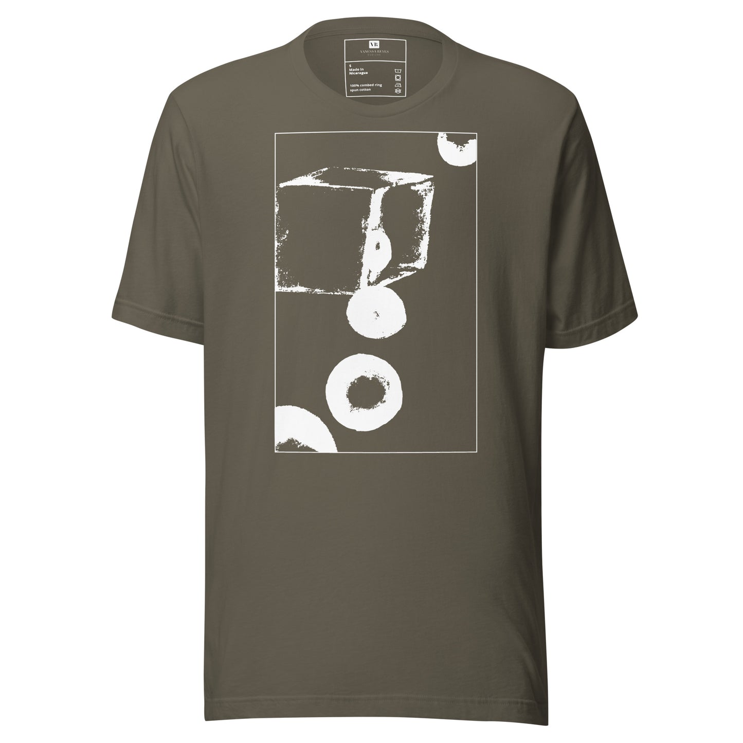 Army cotton graphic t-shirt with white abstract cube and spheres artwork in a thin white square on front