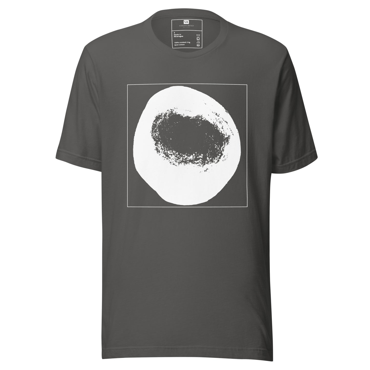 Asphalt cotton graphic t-shirt with white abstract dome artwork in a thin white square on front