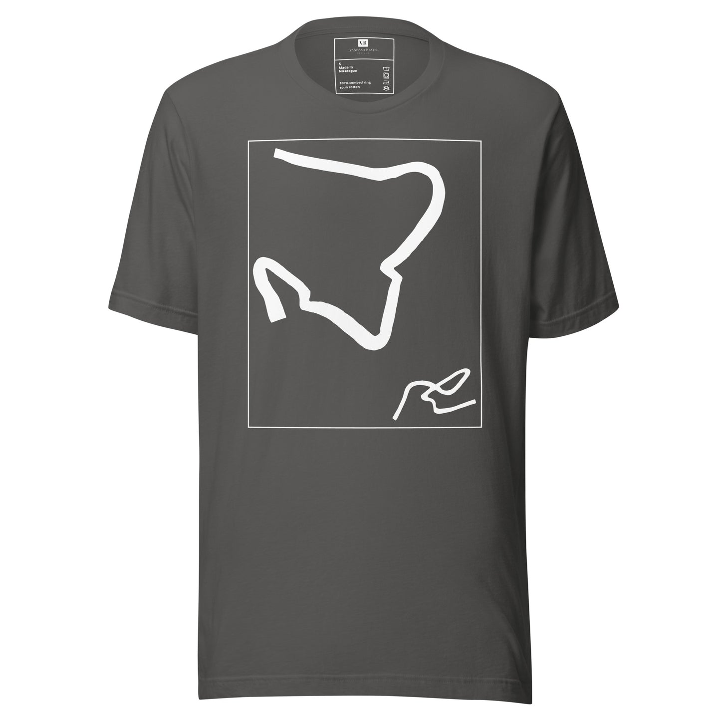 Asphalt graphic t-shirt with white abstract artwork of lines resembling a paperclip on front