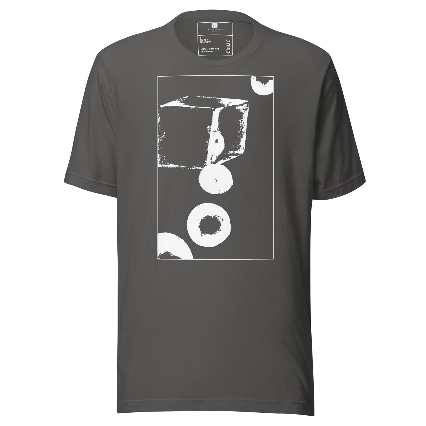 Asphalt cotton graphic t-shirt with white abstract cube and spheres artwork in a thin white square on front