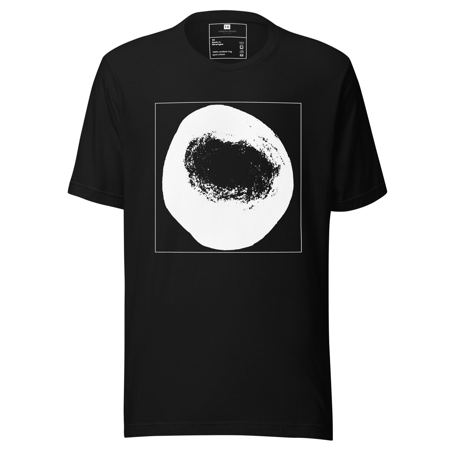 Black cotton graphic t-shirt with white abstract dome artwork in a thin white square on front