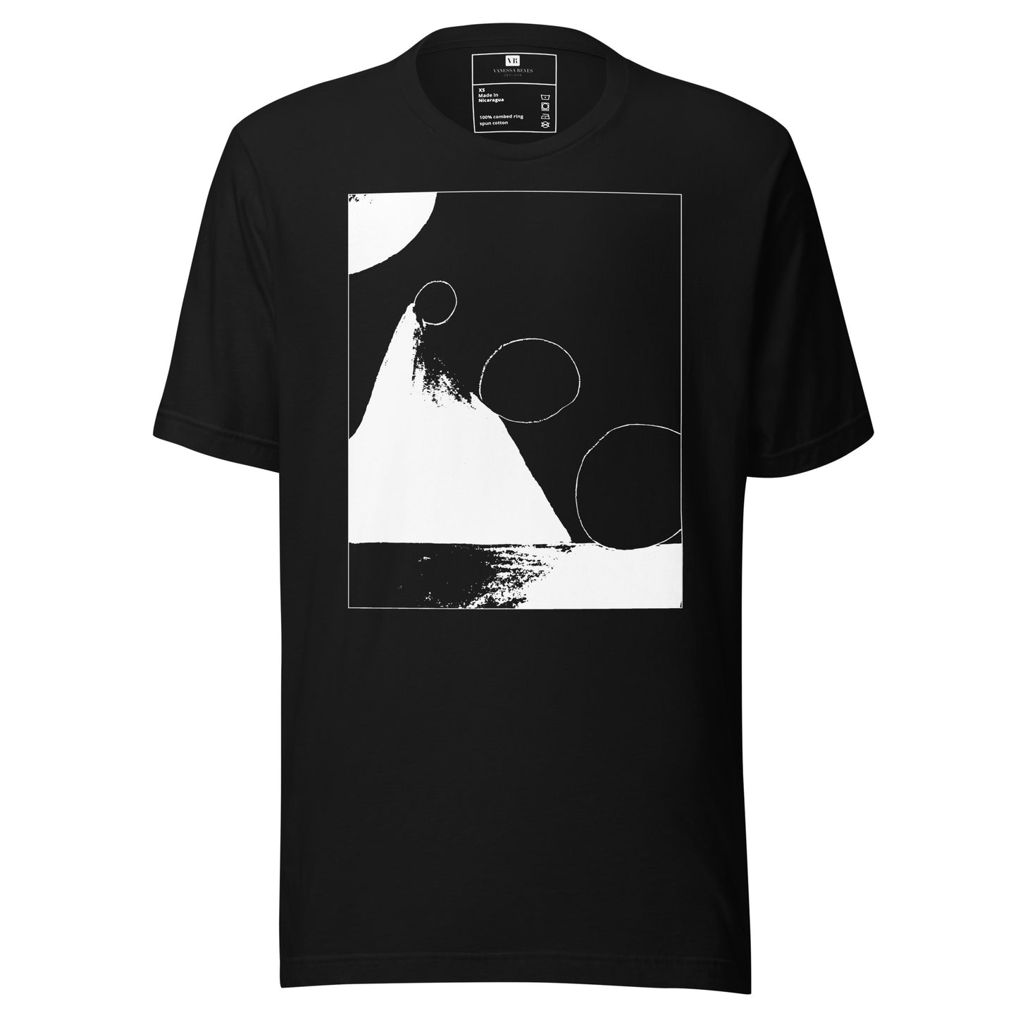 Black cotton graphic t-shirt with white abstract pyramid artwork in a thin white square on front