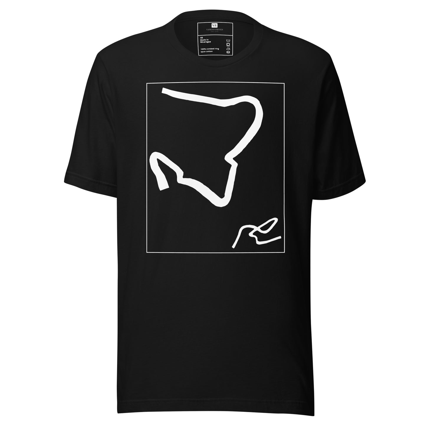 Black cotton graphic t-shirt with white abstract artwork of lines resembling a paperclip on front