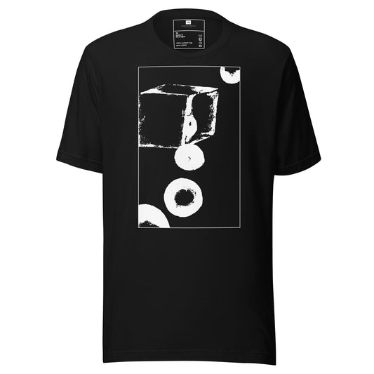 Black cotton graphic t-shirt with white abstract cube and spheres artwork in a thin white square on front