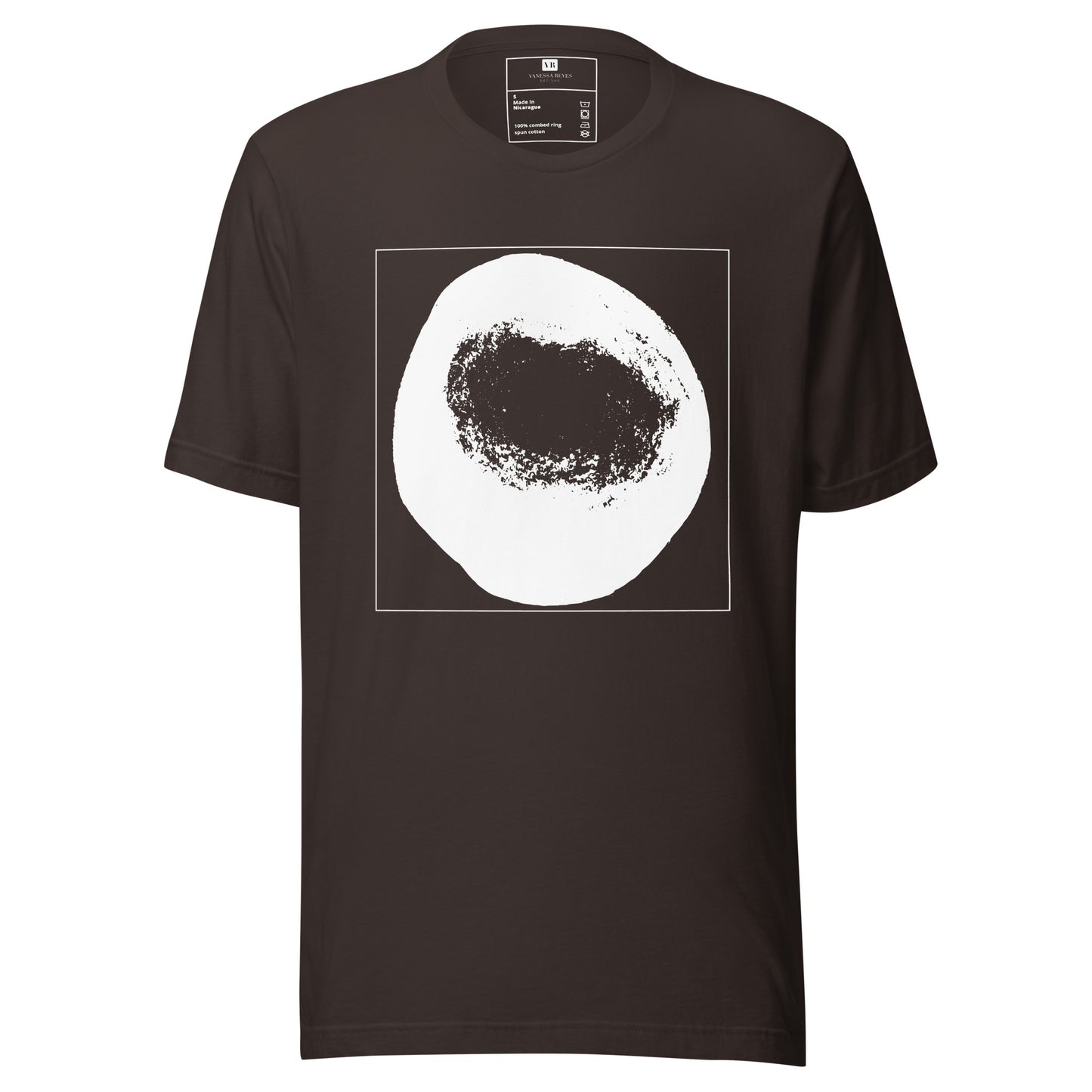 Brown cotton graphic t-shirt with white abstract dome artwork in a thin white square on front ont of t-shirt of a white dome in a thin white square.