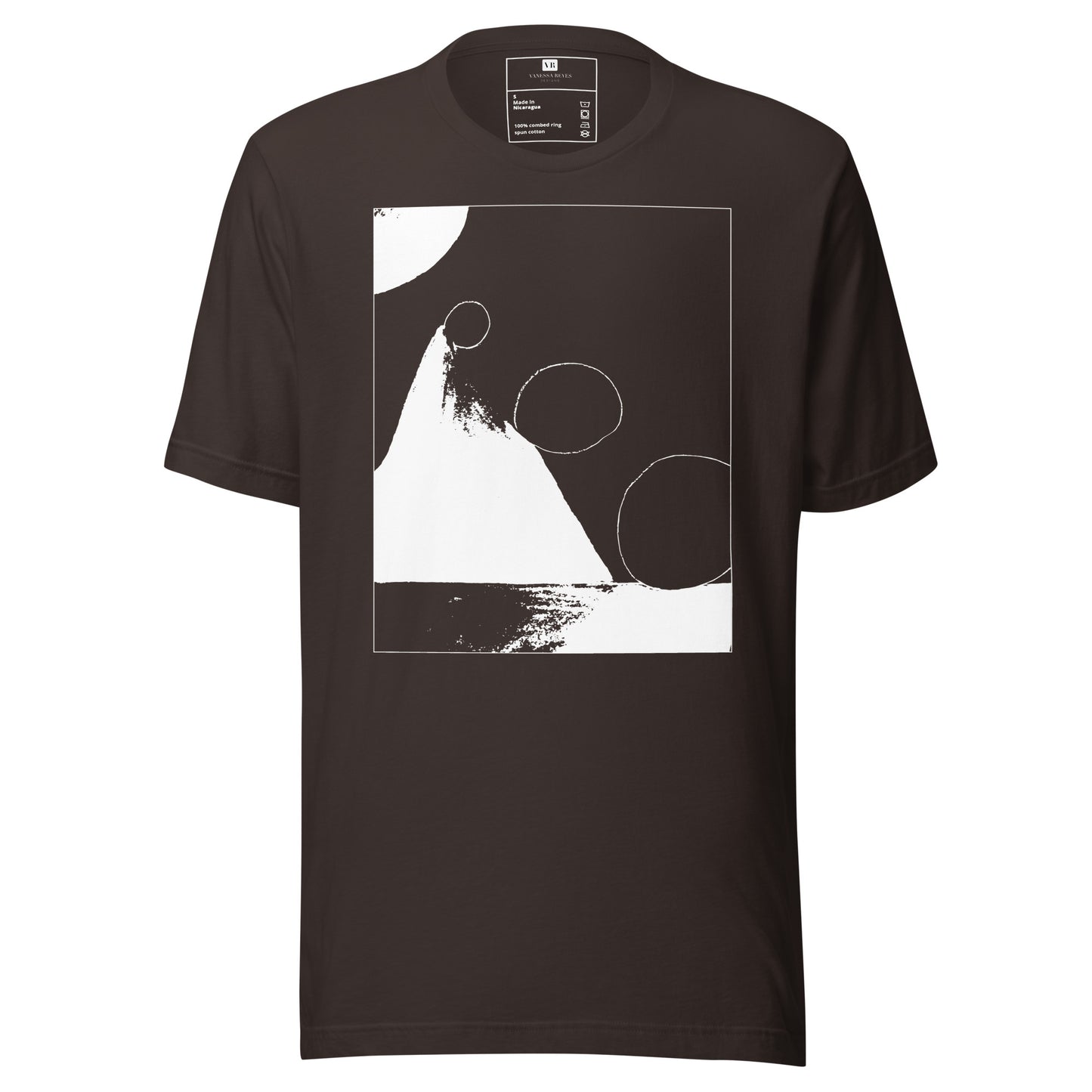 Brown cotton graphic t-shirt with white abstract pyramid artwork in a thin white square on front