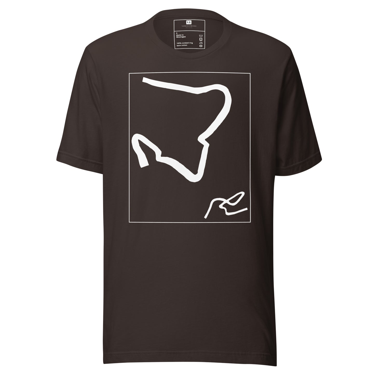 Brown cotton graphic t-shirt with white abstract artwork of lines resembling a paperclip on front