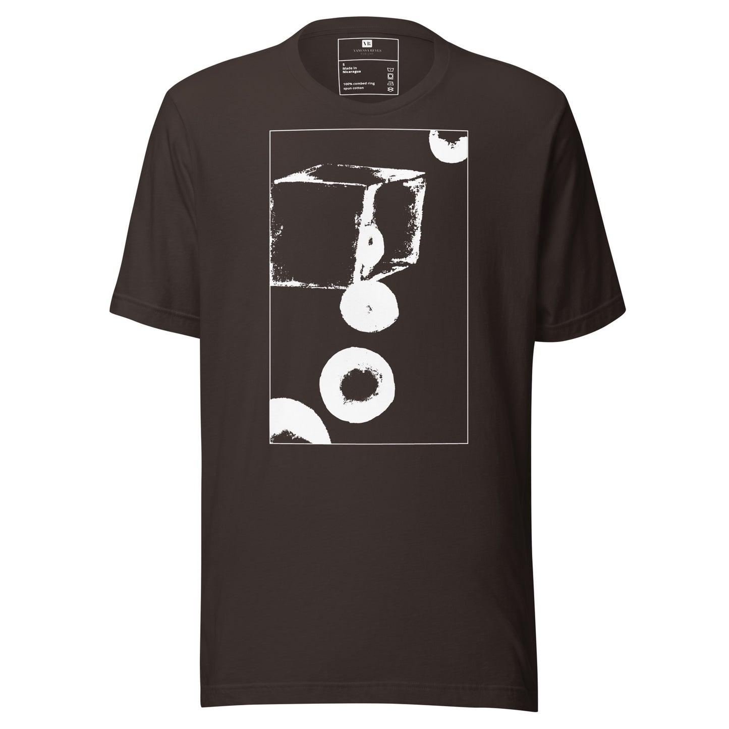 Brown cotton graphic t-shirt with white abstract cube and spheres artwork in a thin white square on front