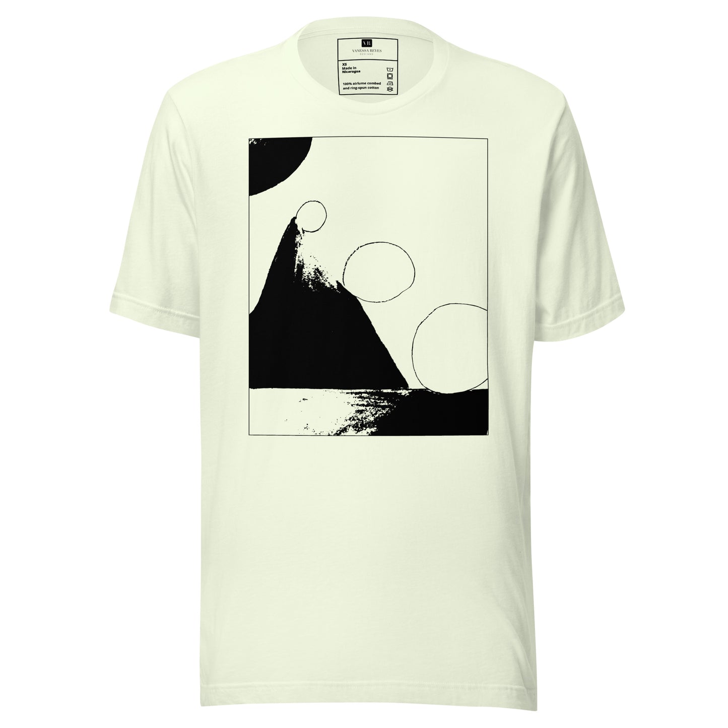 Citron cotton graphic t-shirt with black abstract pyramid artwork in a thin black square on front