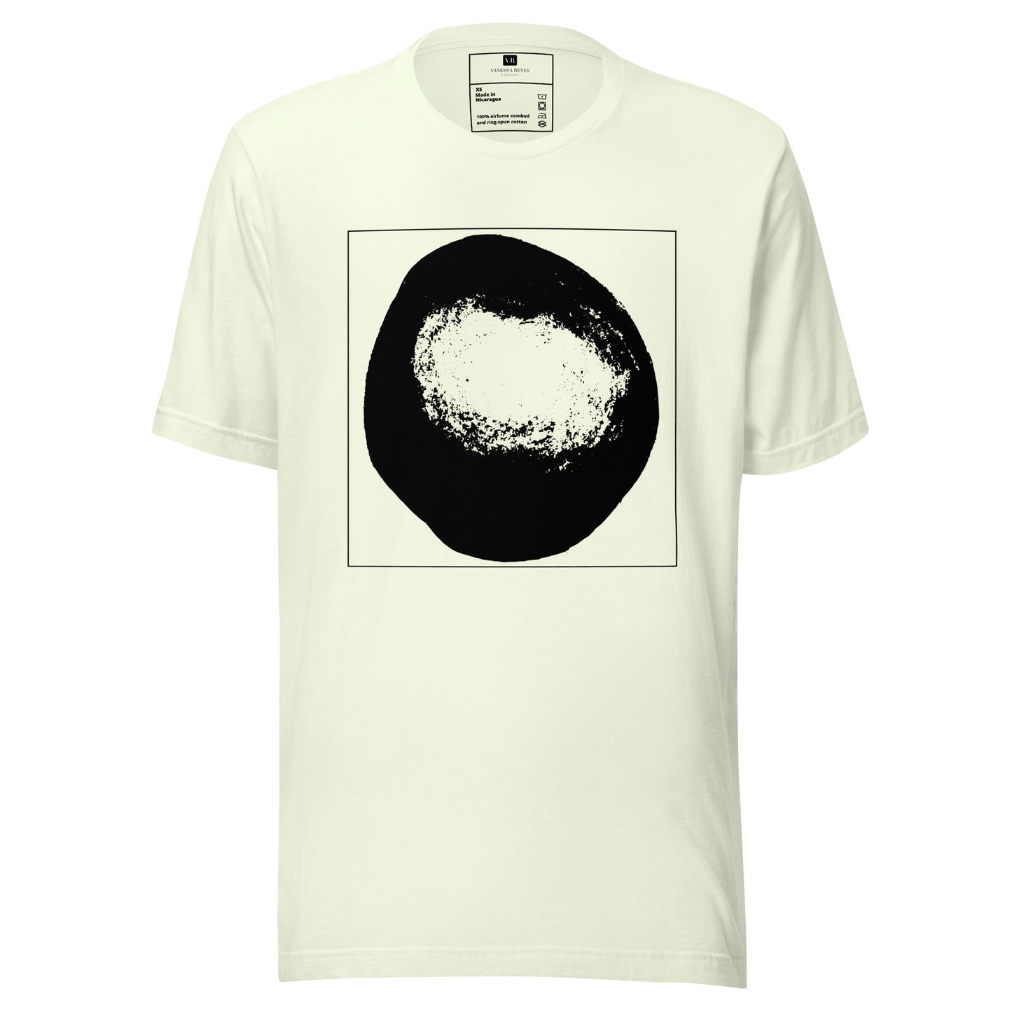 Citron cotton graphic t-shirt with black abstract dome artwork in a thin black square on front