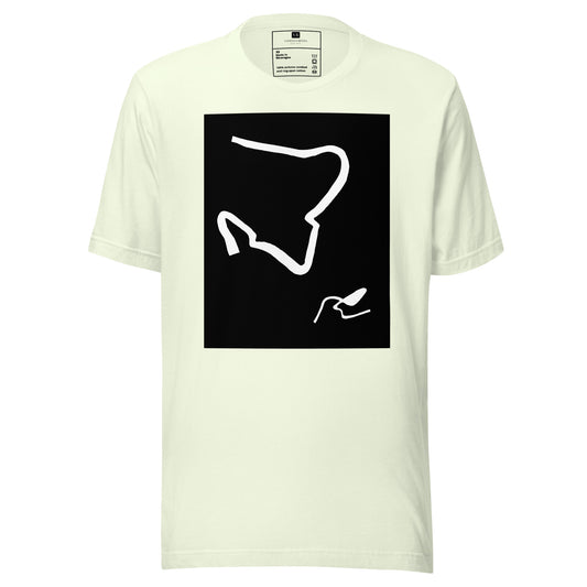 Citron color cotton graphic t-shirt with black and white abstract artwork of lines resembling a paperclip on front