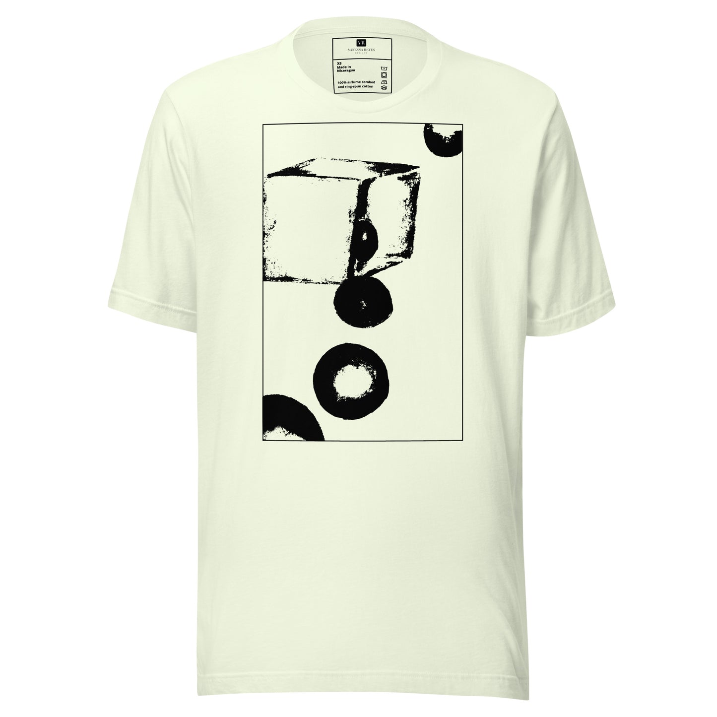 Citron cotton graphic t-shirt with black abstract cube and spheres artwork in a thin black square on front