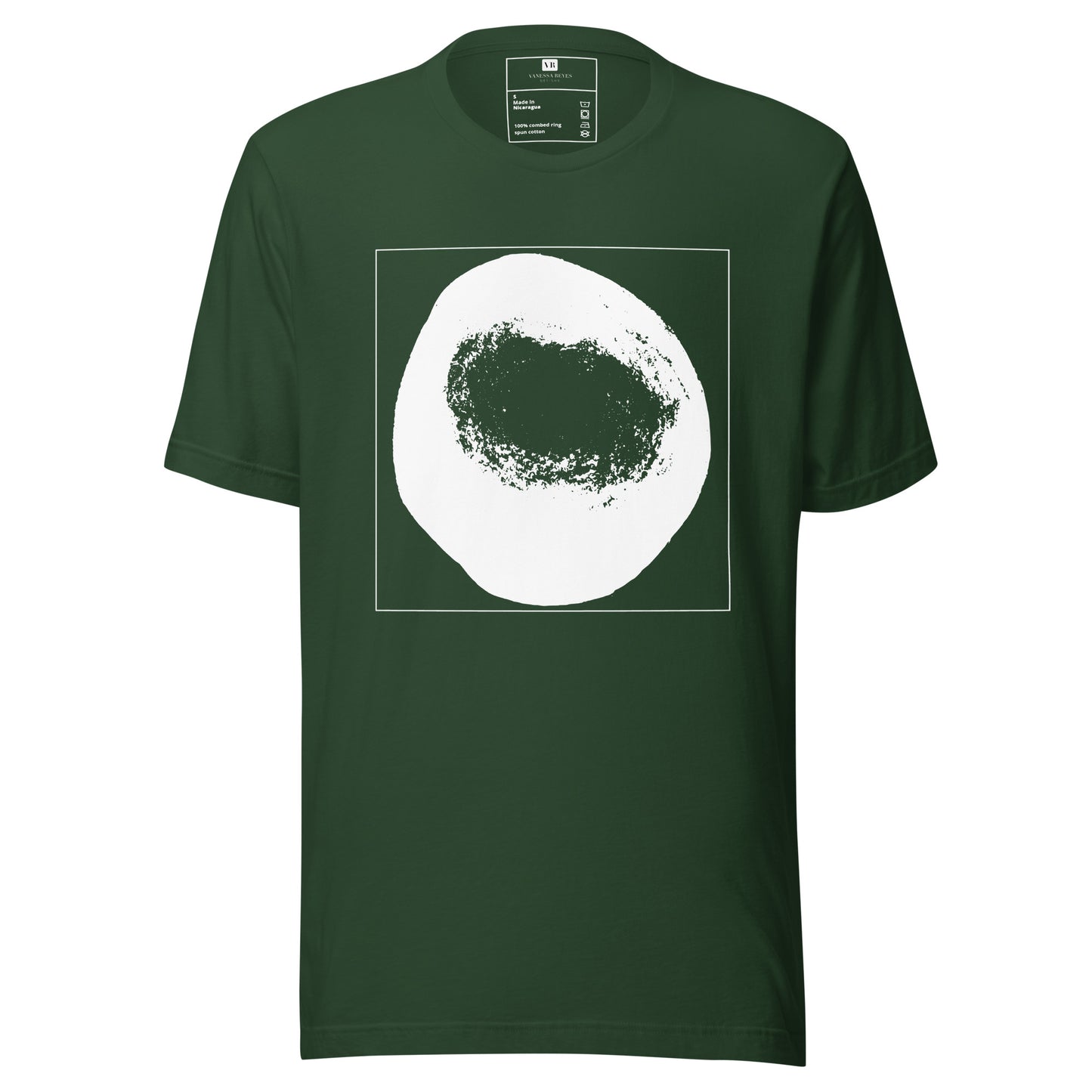 Forest green cotton graphic t-shirt with white abstract dome artwork in a thin white square on front