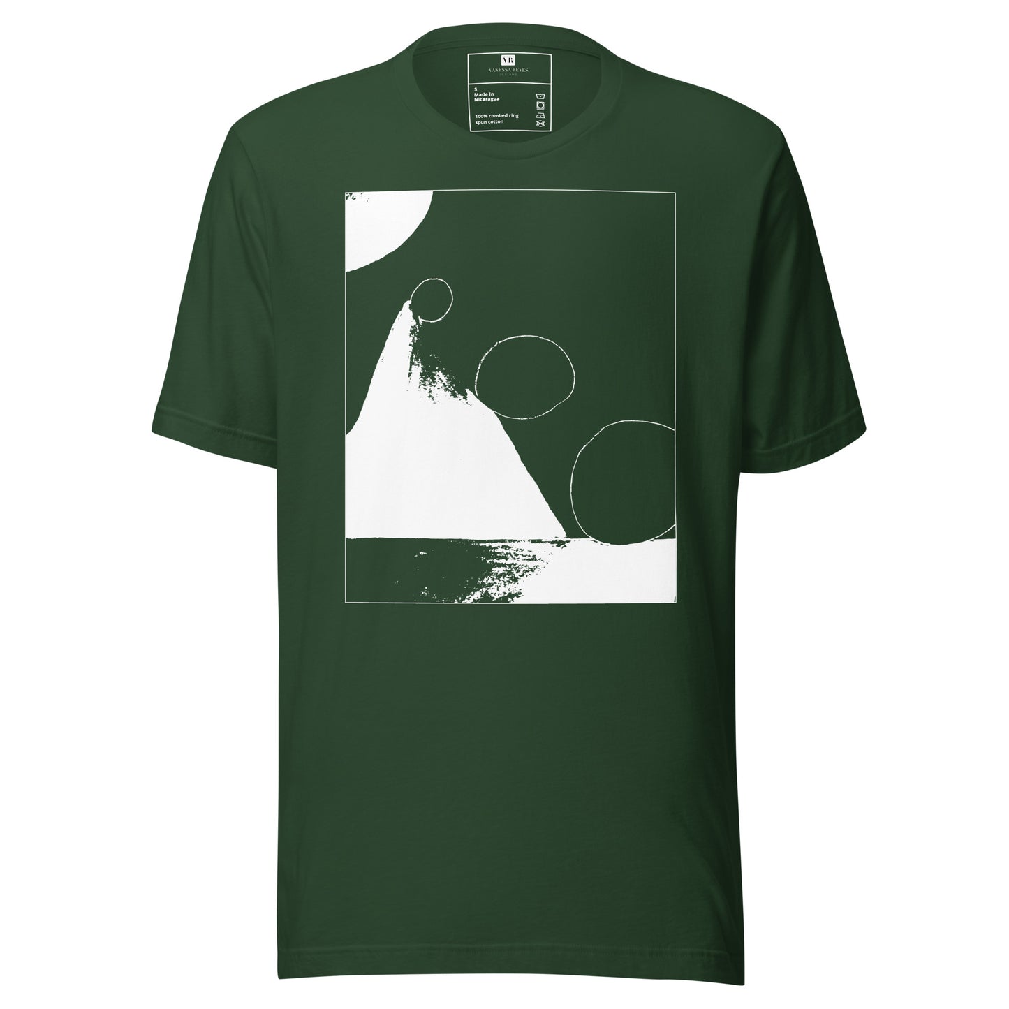 Forest green cotton graphic t-shirt with white abstract pyramid artwork in a thin white square on front