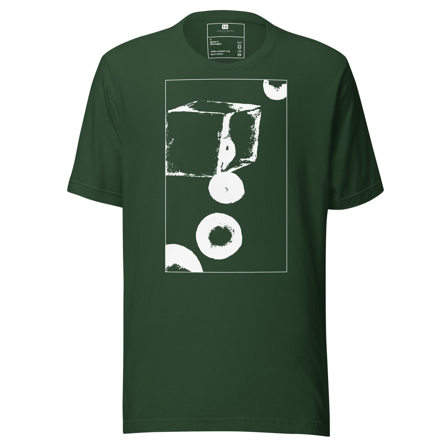 Forest green cotton graphic t-shirt with white abstract cube and spheres artwork in a thin white square on front