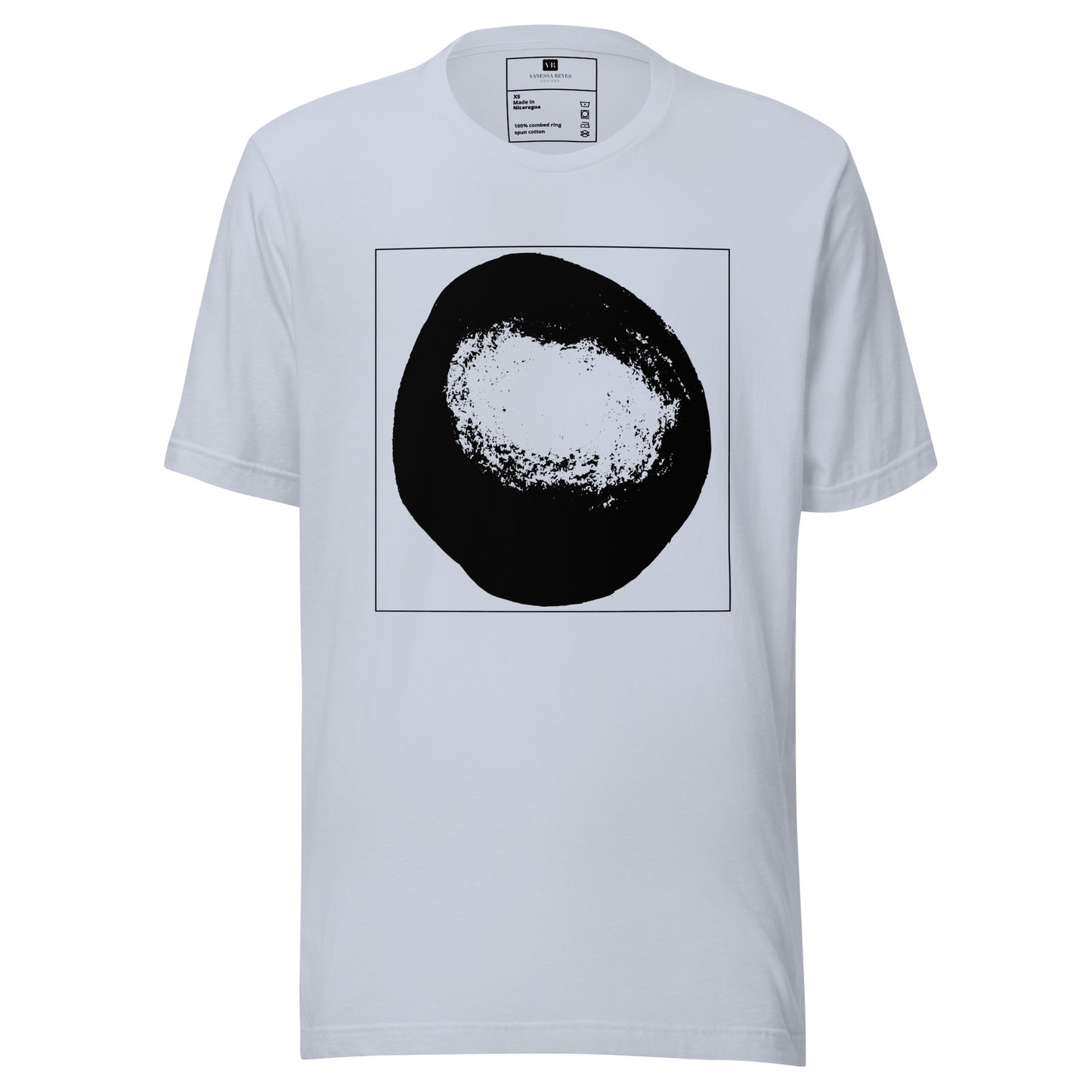 Soft blue cotton graphic t-shirt with black abstract dome artwork in a thin black square on front