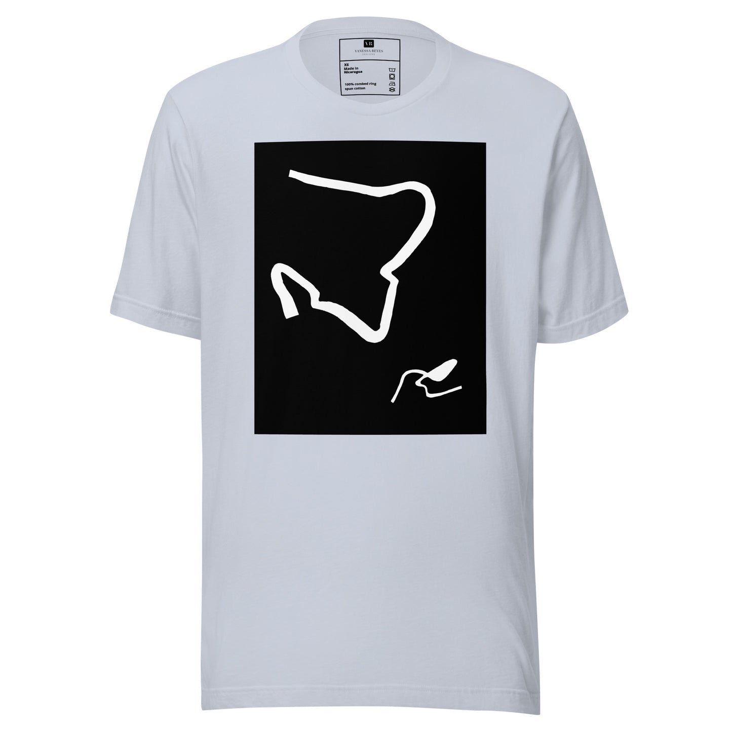 Light blue cotton graphic t-shirt with black and white abstract artwork of lines resembling a paperclip on front