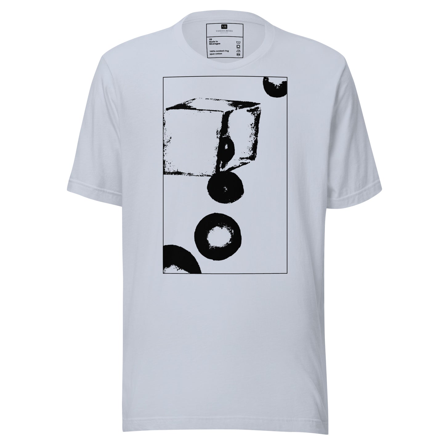  Light Blue cotton graphic t-shirt with black abstract cube and spheres artwork in a thin black square on front