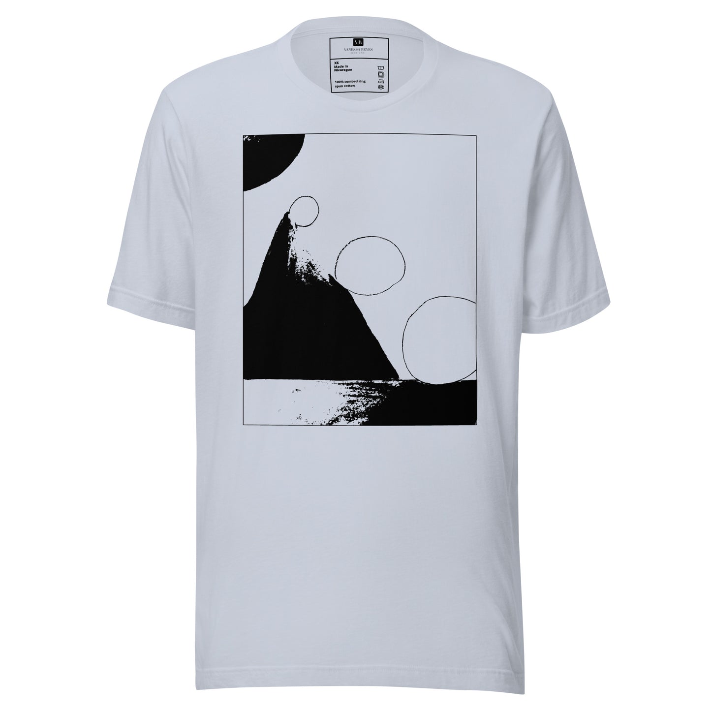 Light blue cotton graphic t-shirt with black abstract pyramid artwork in a thin black square on front