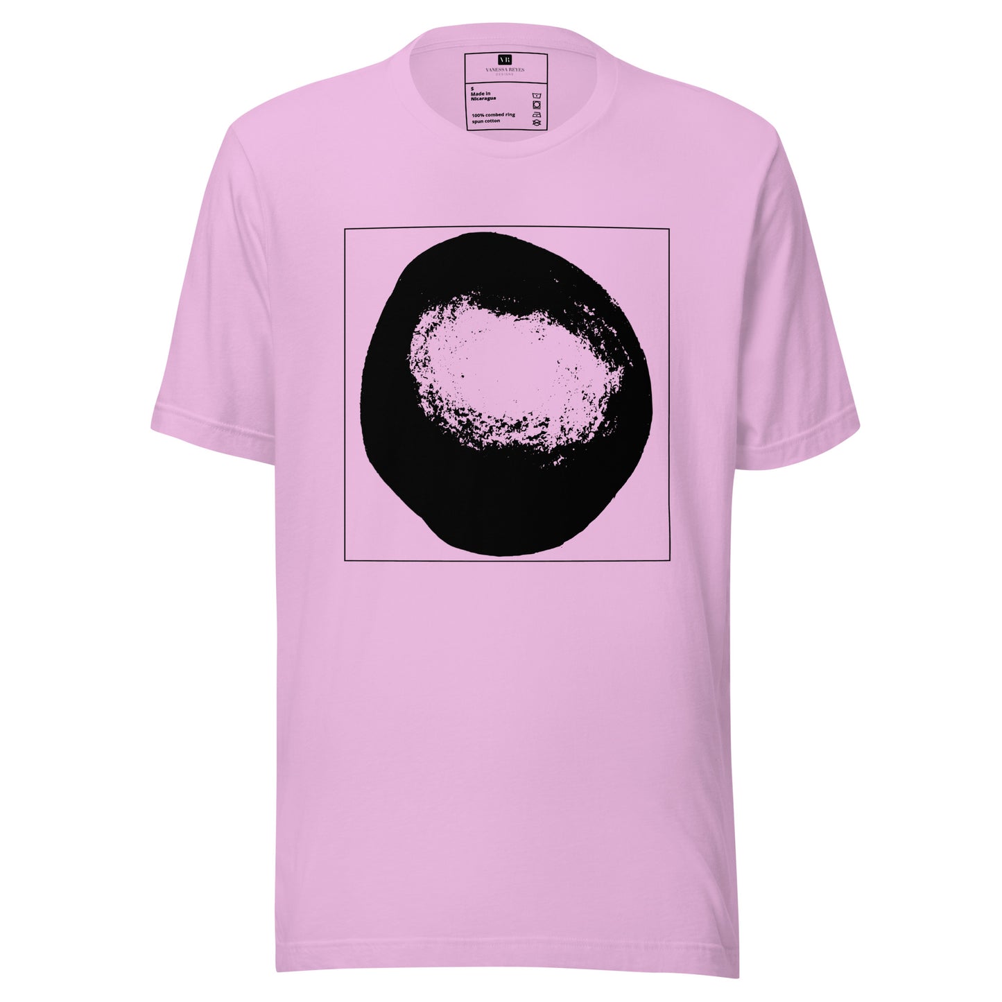  Pink cotton graphic t-shirt with black abstract dome artwork in a thin black square on front