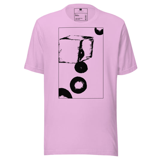 Pink cotton graphic t-shirt with black abstract cube and spheres artwork in a thin black square on front