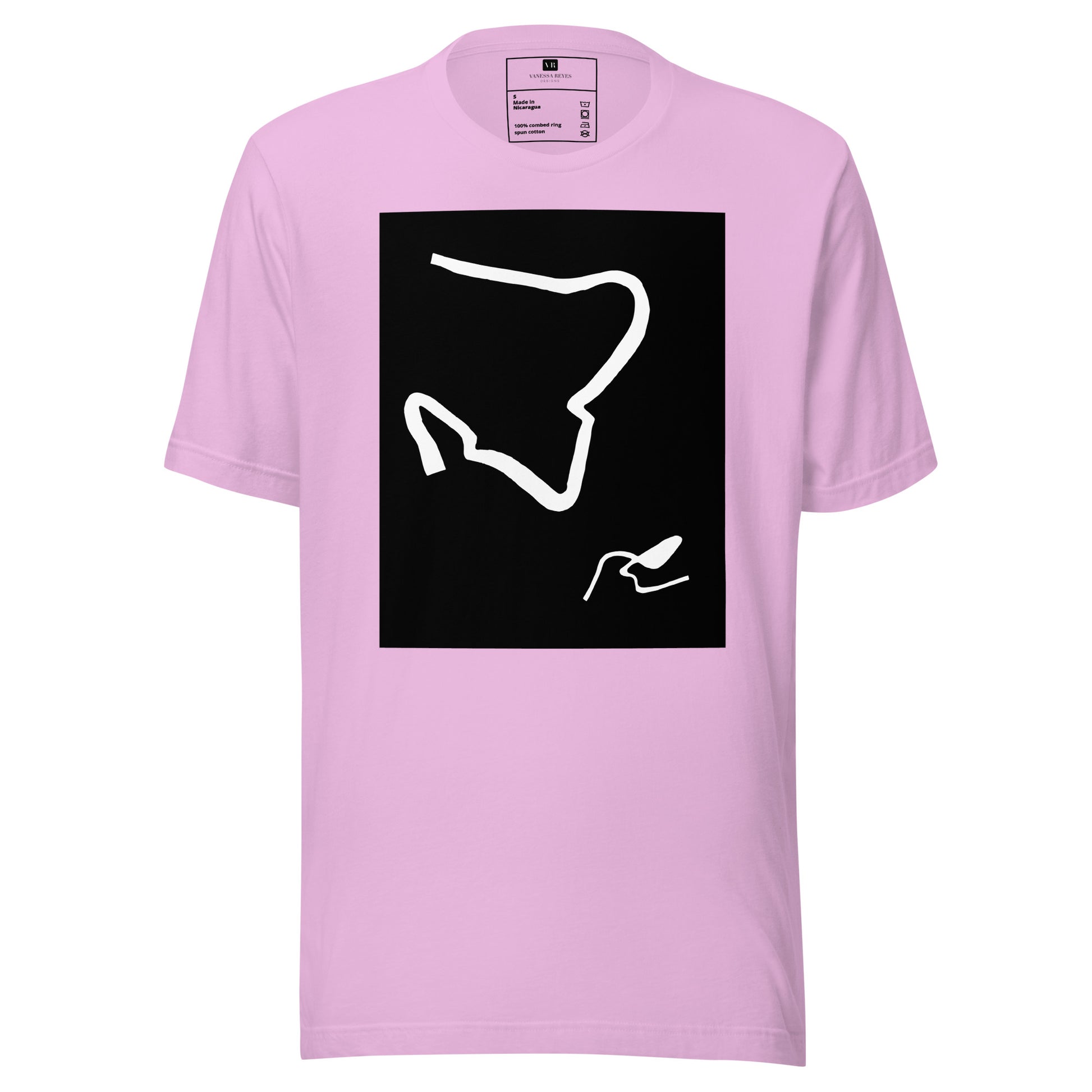 Pink cotton graphic t-shirt with black and white abstract artwork of lines resembling a paperclip on front