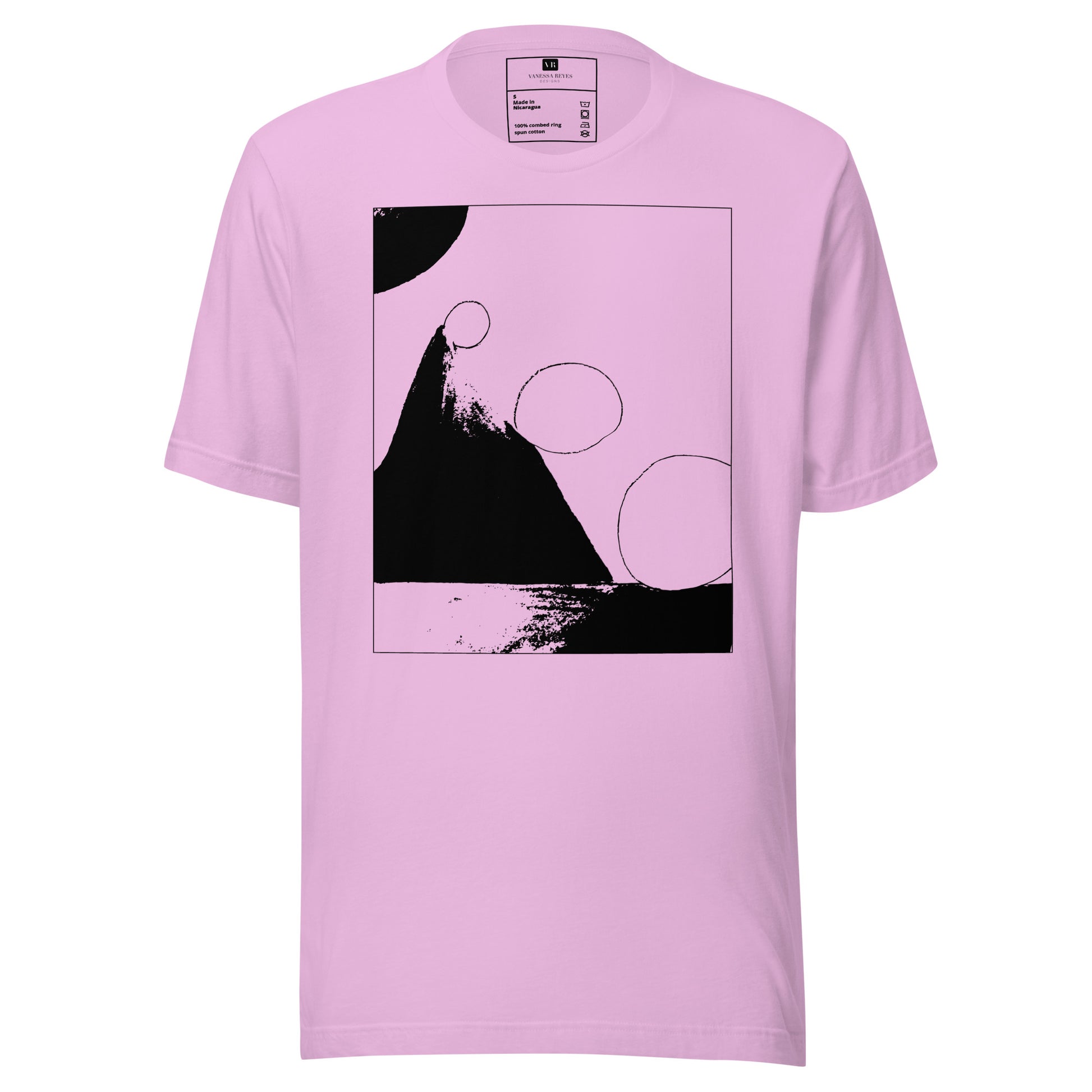 Pink cotton graphic t-shirt with black abstract pyramid artwork in a thin black square on front