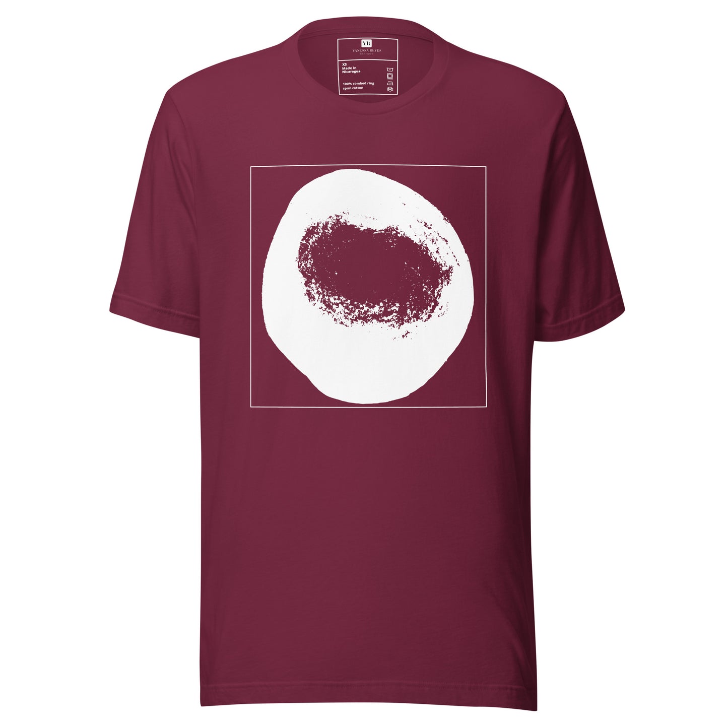 Maroon cotton graphic t-shirt with white abstract dome artwork in a thin white square on front