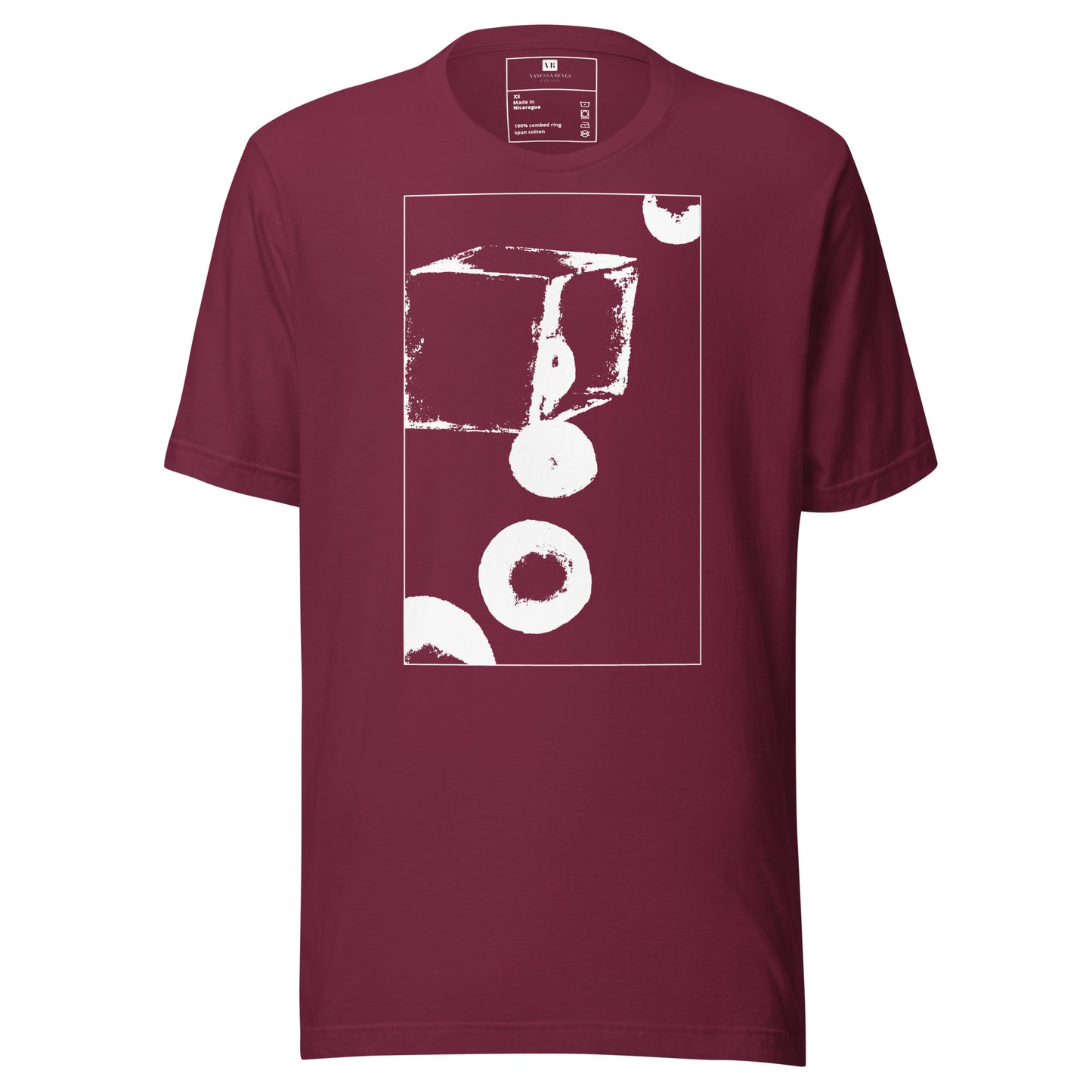 Maroon cotton graphic t-shirt with white abstract cube and spheres artwork in a thin white square on front