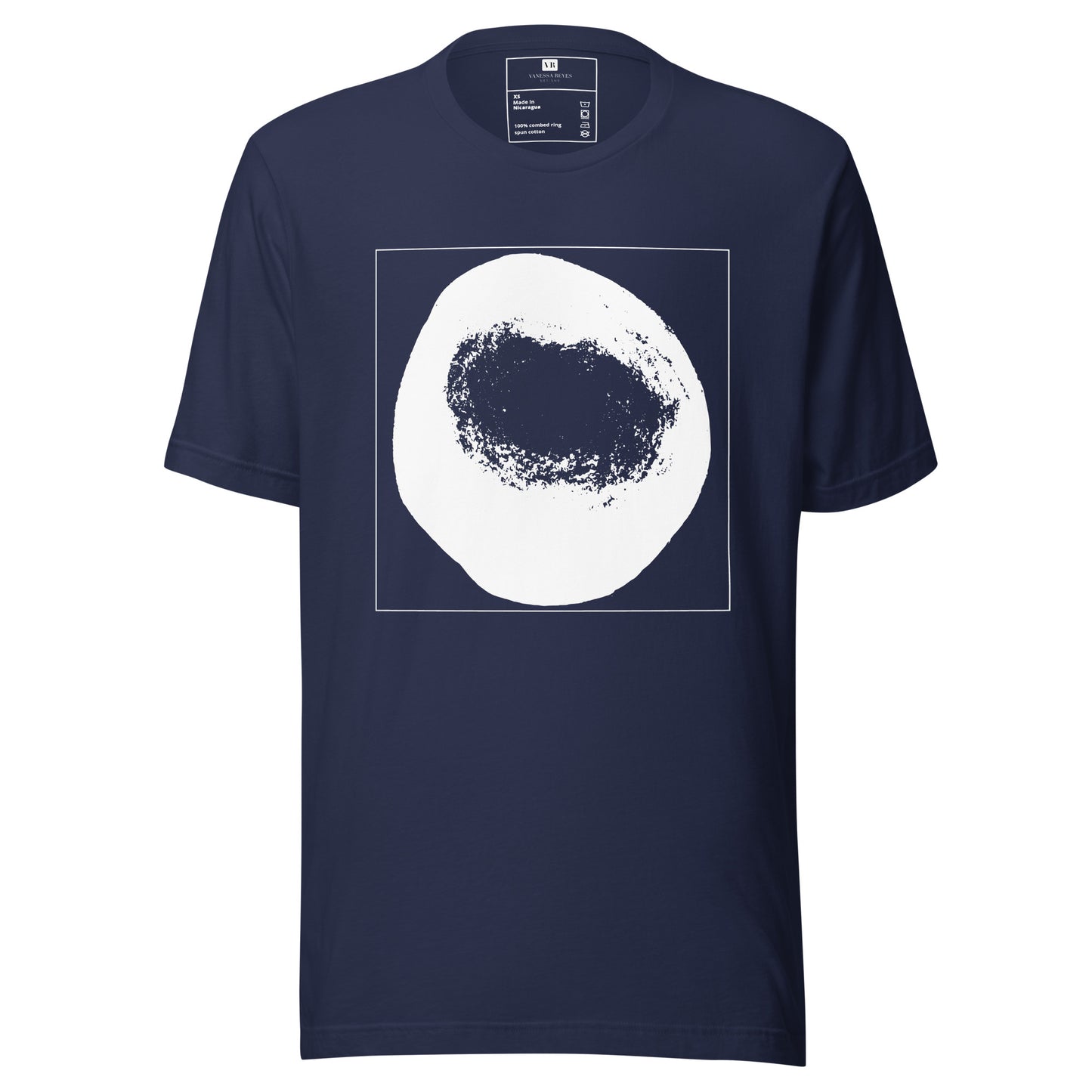 Navy blue cotton graphic t-shirt with white abstract dome artwork in a thin white square on front