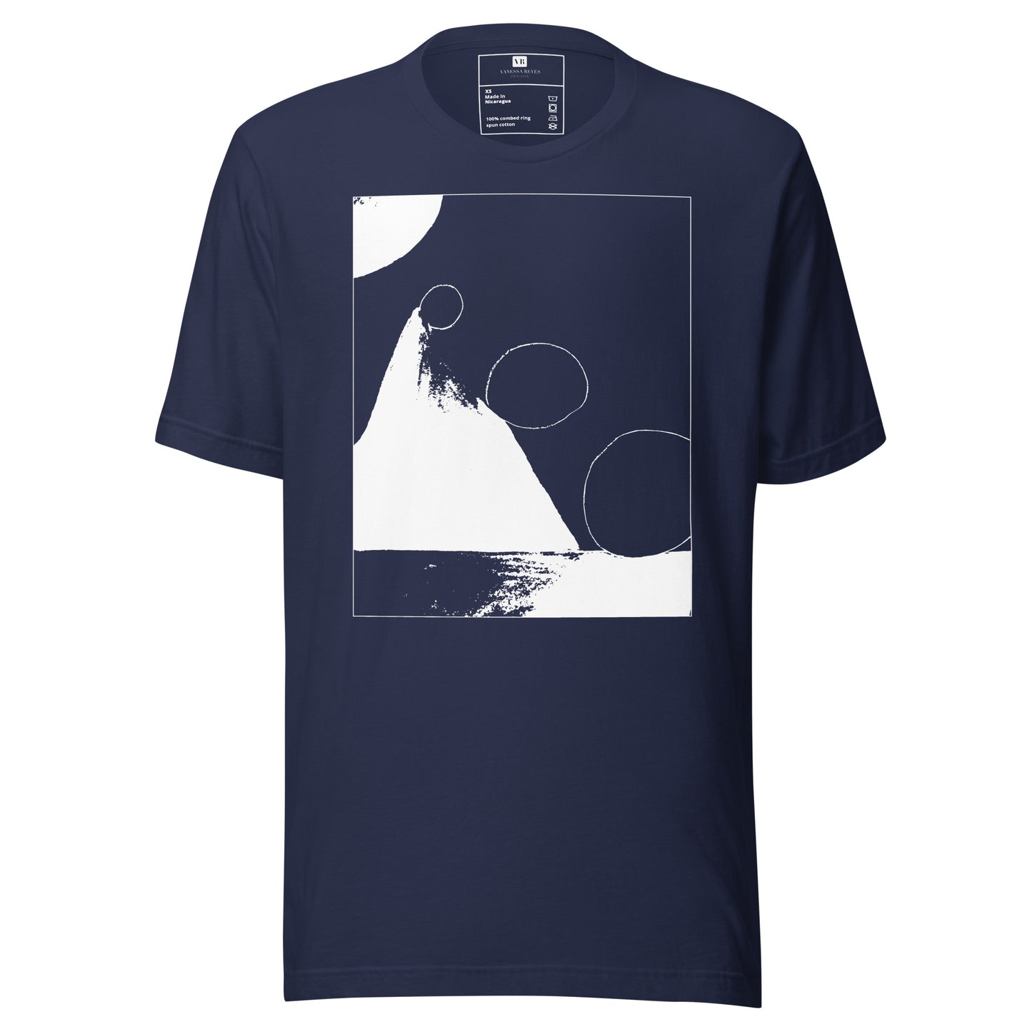 Navy blue cotton graphic t-shirt with white abstract pyramid artwork in a thin white square on front