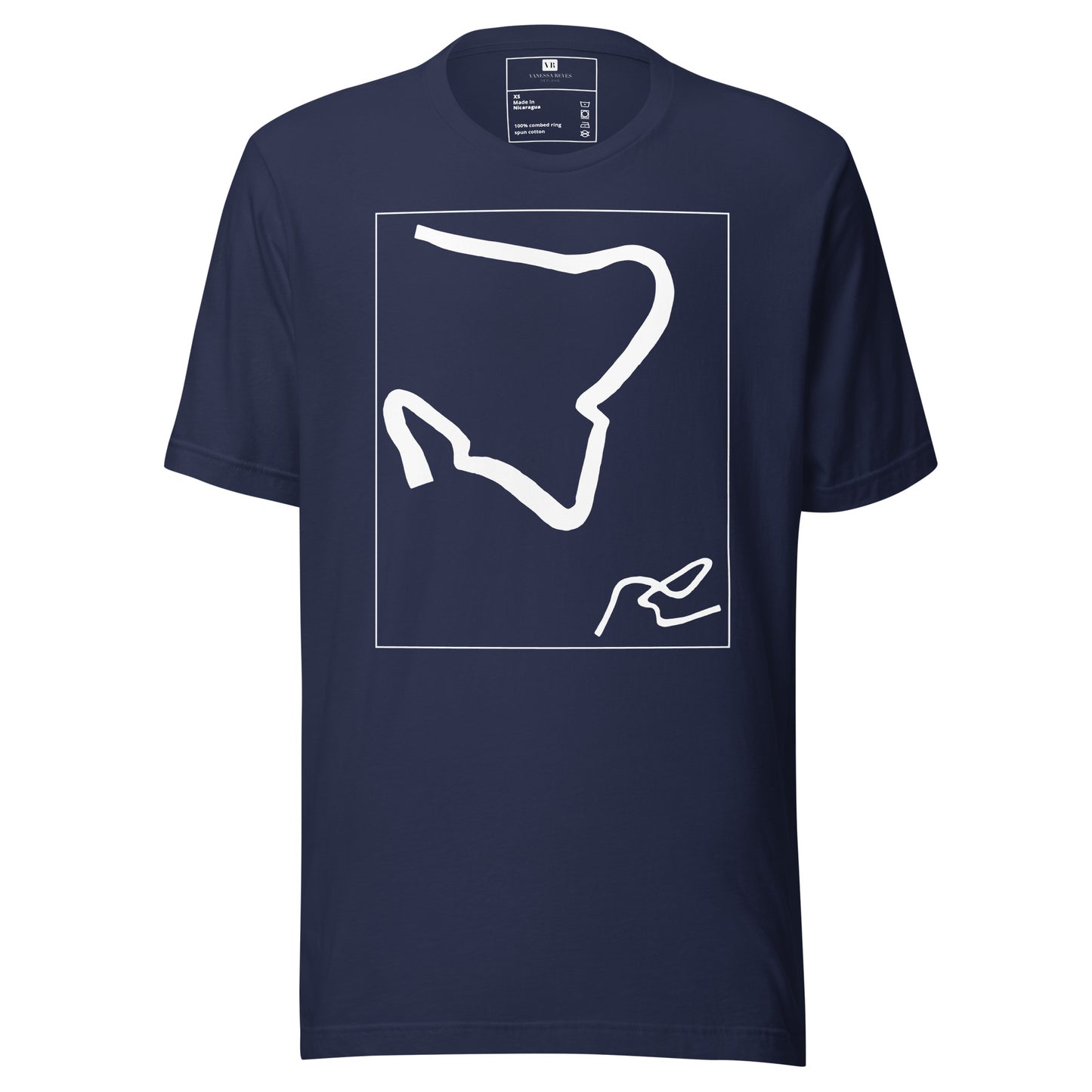 Navy blue cotton graphic t-shirt with white abstract artwork of lines resembling a paperclip on front