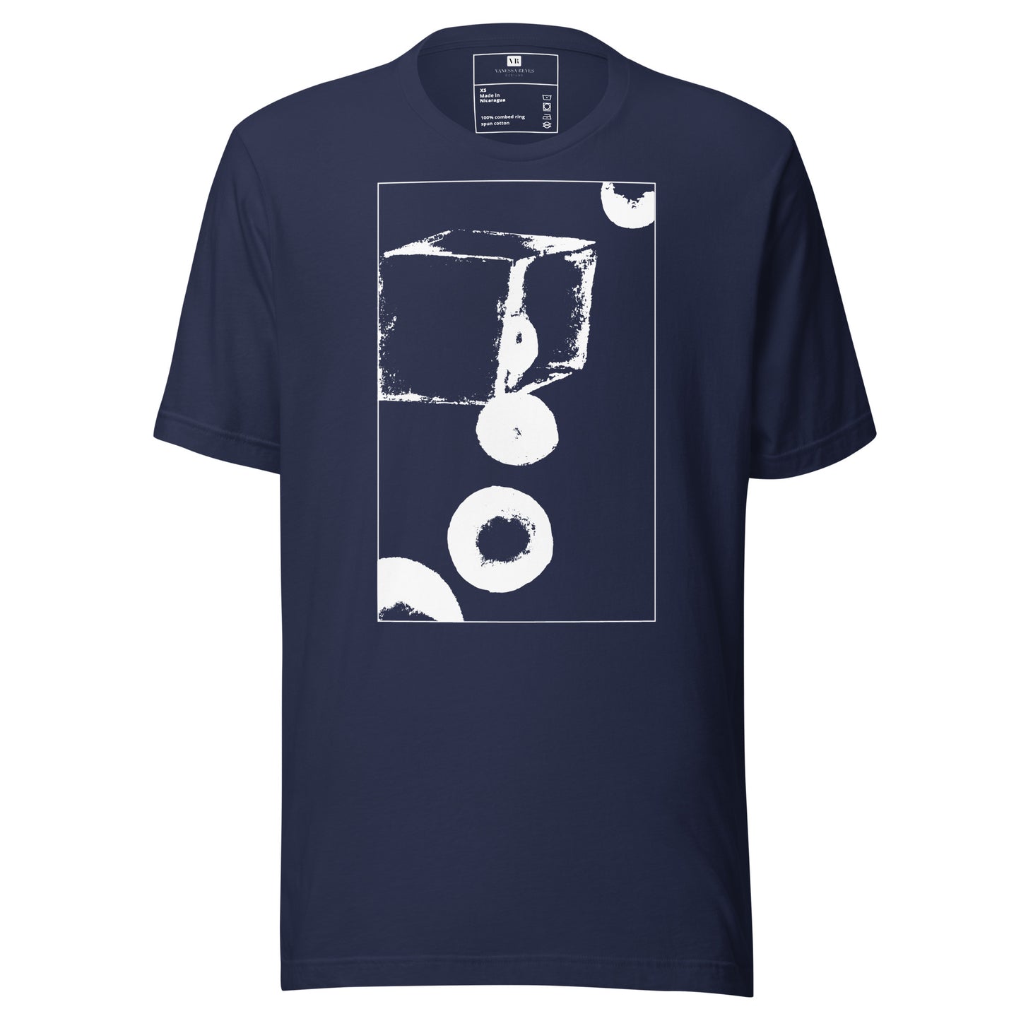 Navy cotton graphic t-shirt with white abstract cube and spheres artwork in a thin white square on front