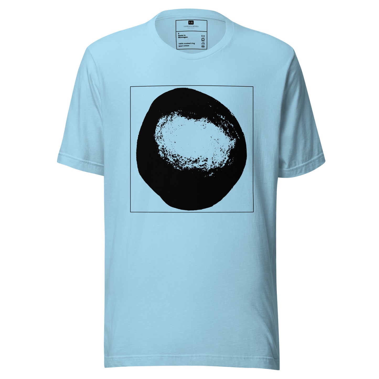 Blue cotton graphic t-shirt with black abstract dome artwork in a thin black square on front