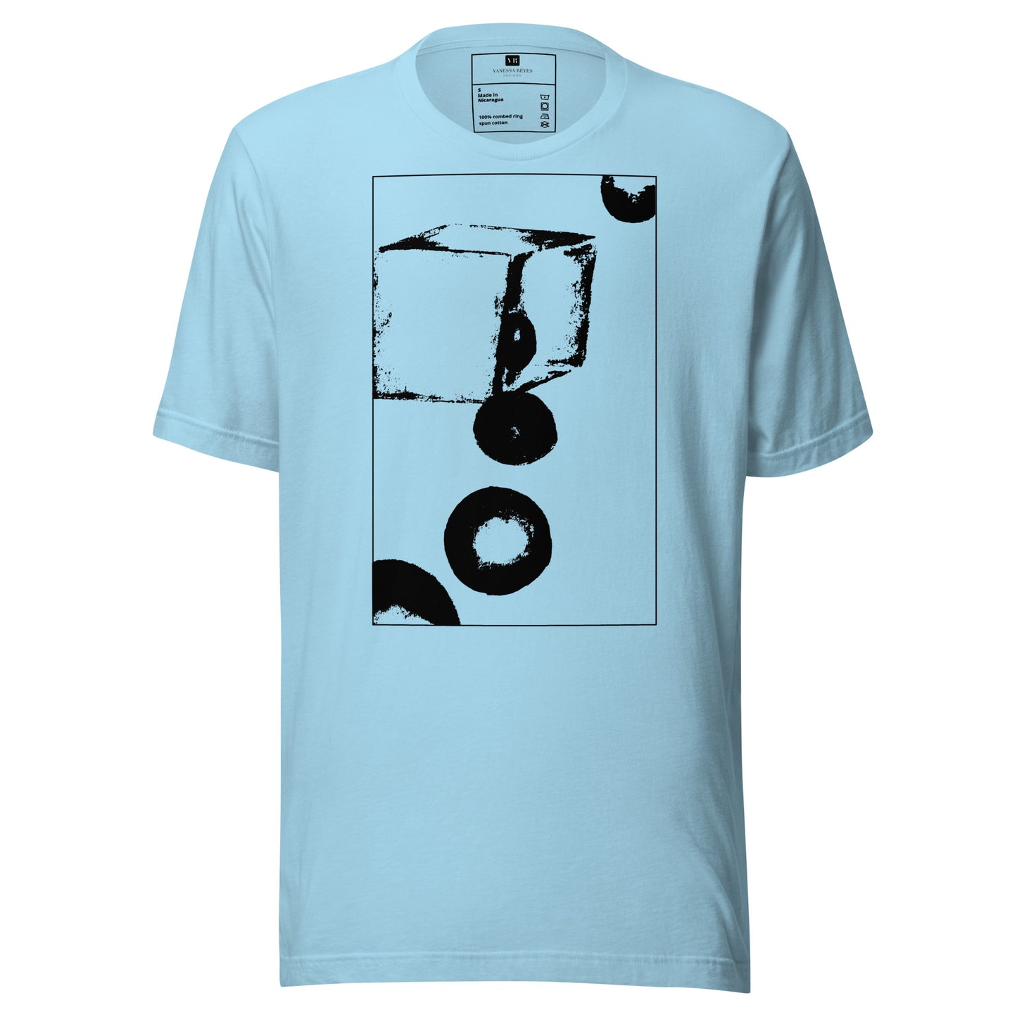 Blue cotton graphic t-shirt with black abstract cube and spheres artwork in a thin black square on front