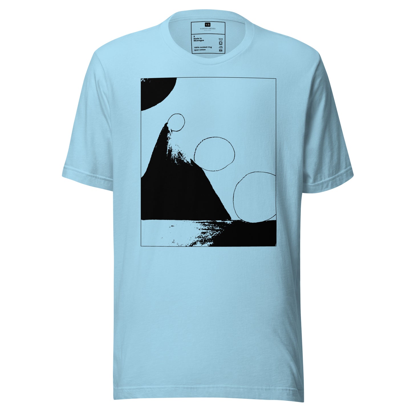 Blue cotton graphic t-shirt with black abstract pyramid artwork in a thin black square on front