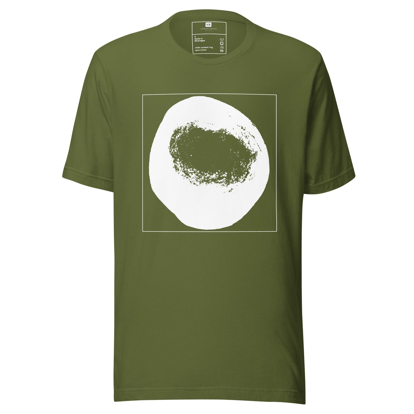 Olive cotton graphic t-shirt with white abstract dome artwork in a thin white square on front