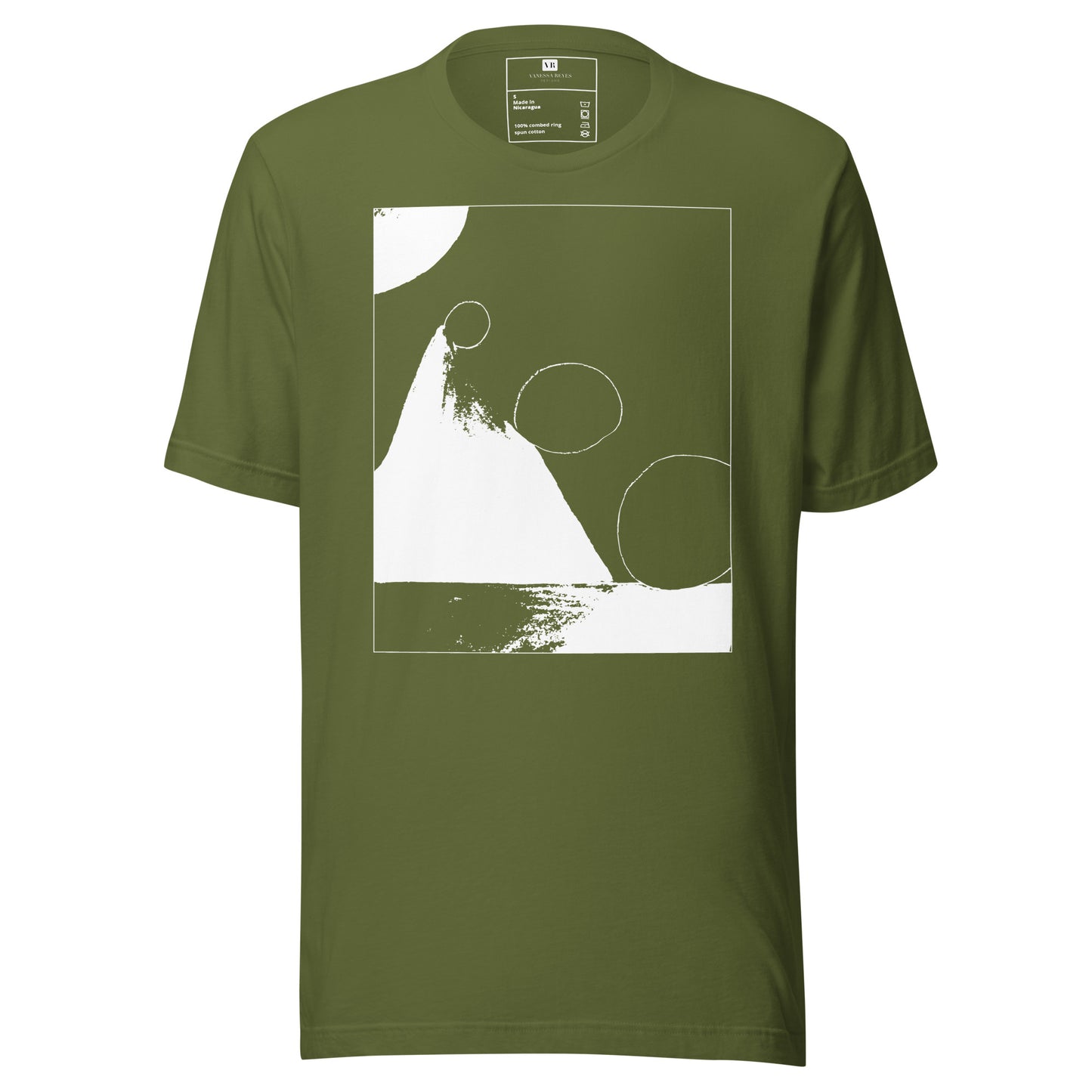 Olive cotton graphic t-shirt with white abstract pyramid artwork in a thin white square on front