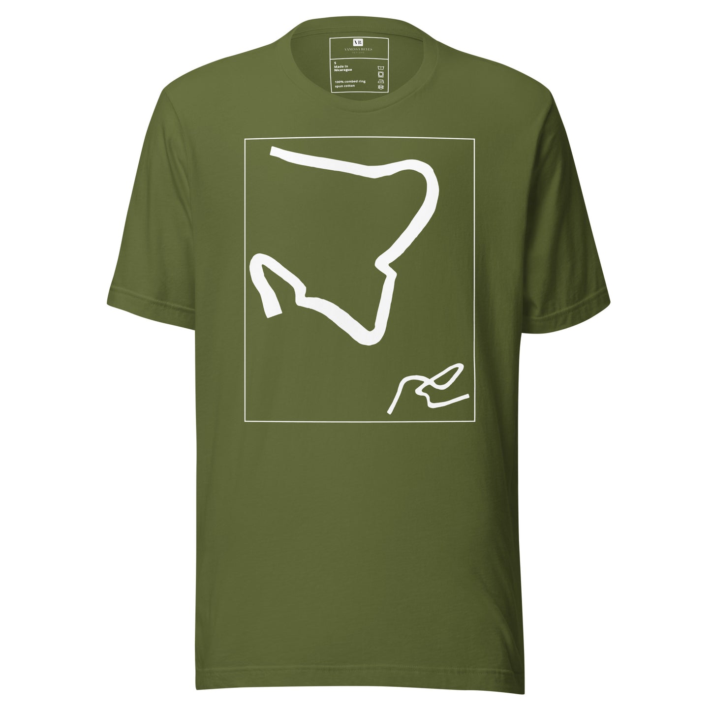 Olive graphic t-shirt with white abstract artwork of lines resembling a paperclip on front