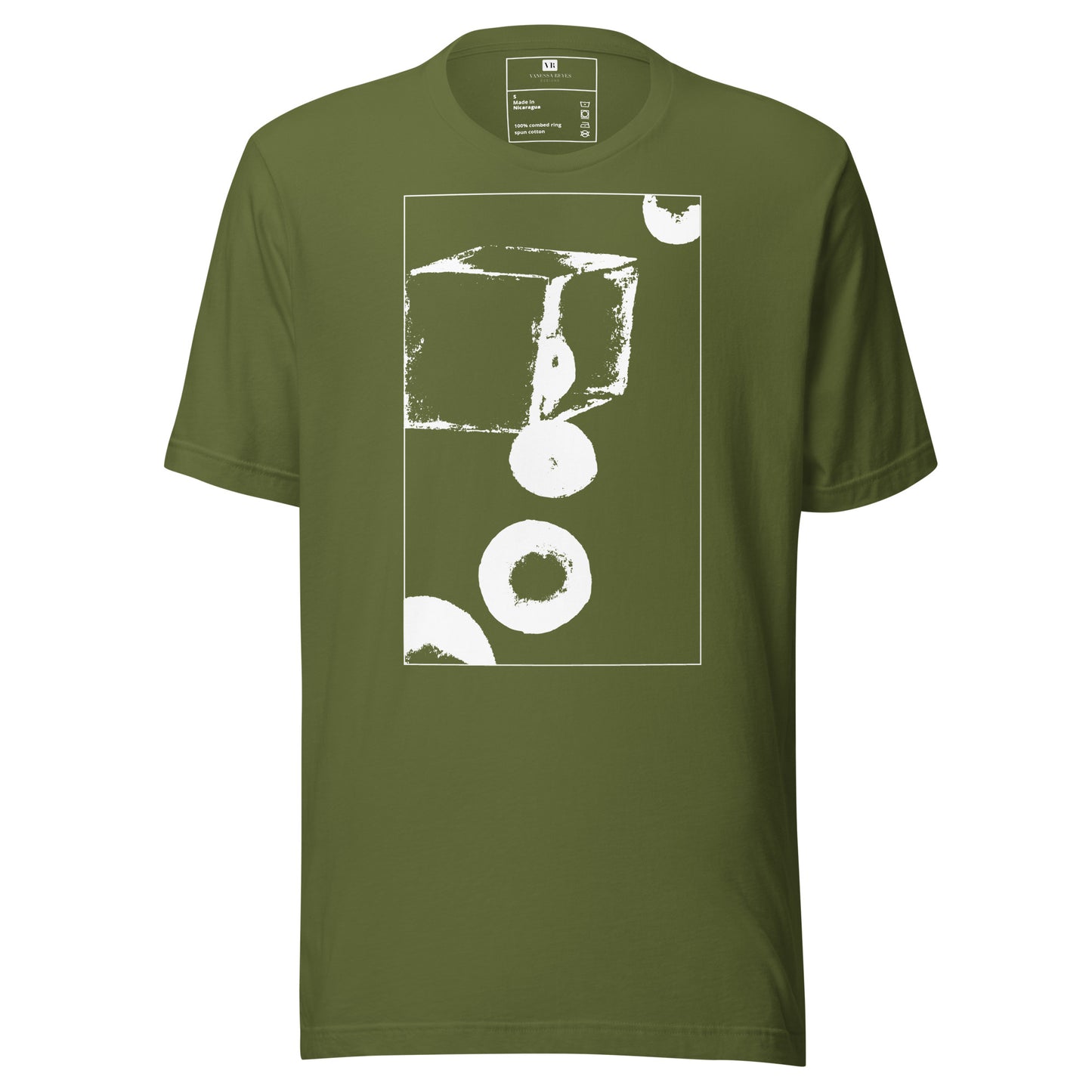 Olive cotton graphic t-shirt with white abstract cube and spheres artwork in a thin white square on front