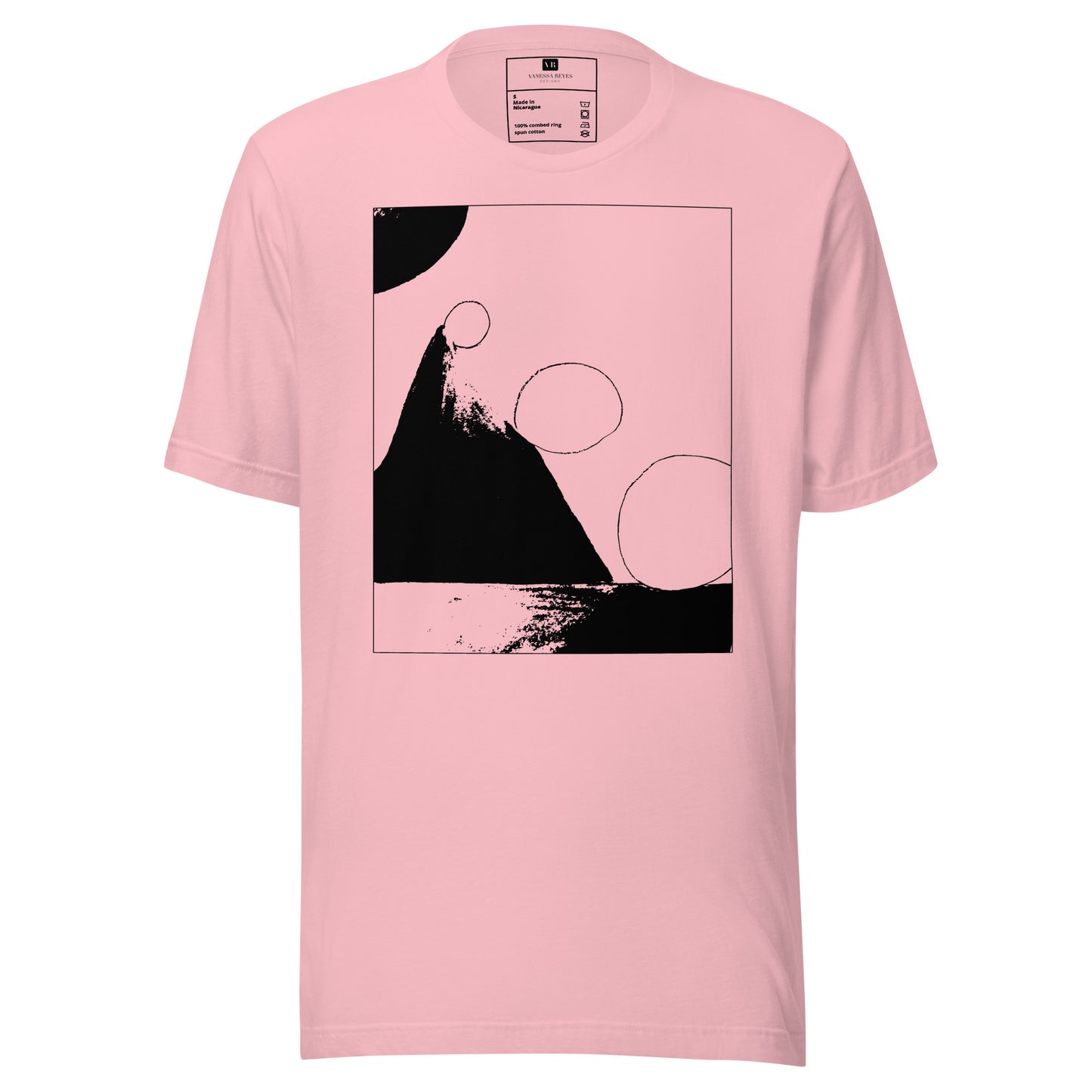 Coral cotton graphic t-shirt with black abstract pyramid artwork in a thin black square on front