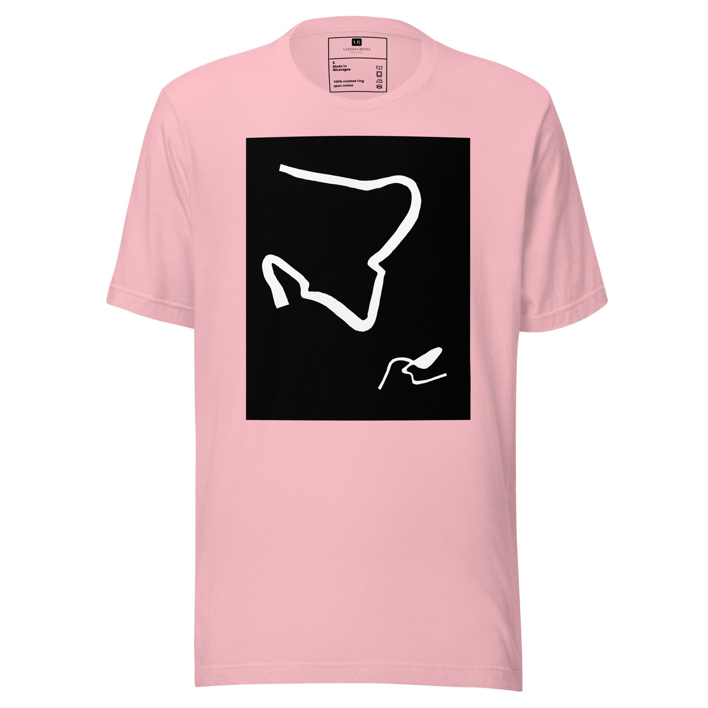 Coral cotton graphic t-shirt with black and white abstract artwork of lines resembling a paperclip on front