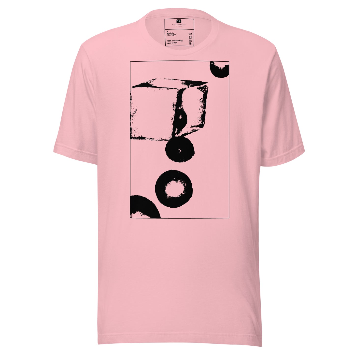 Coral cotton graphic t-shirt with black abstract cube and spheres artwork in a thin black square on front