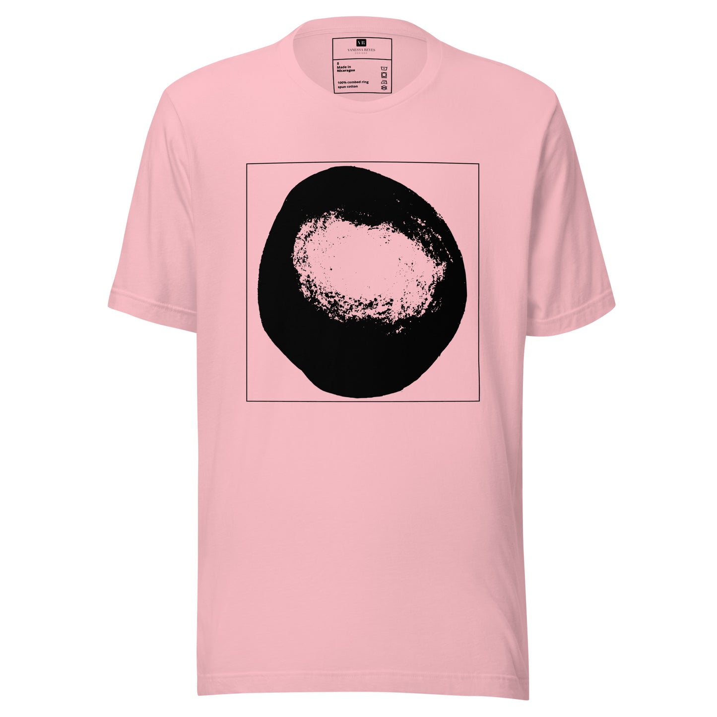 Coral cotton graphic t-shirt with black abstract dome artwork in a thin black square on front