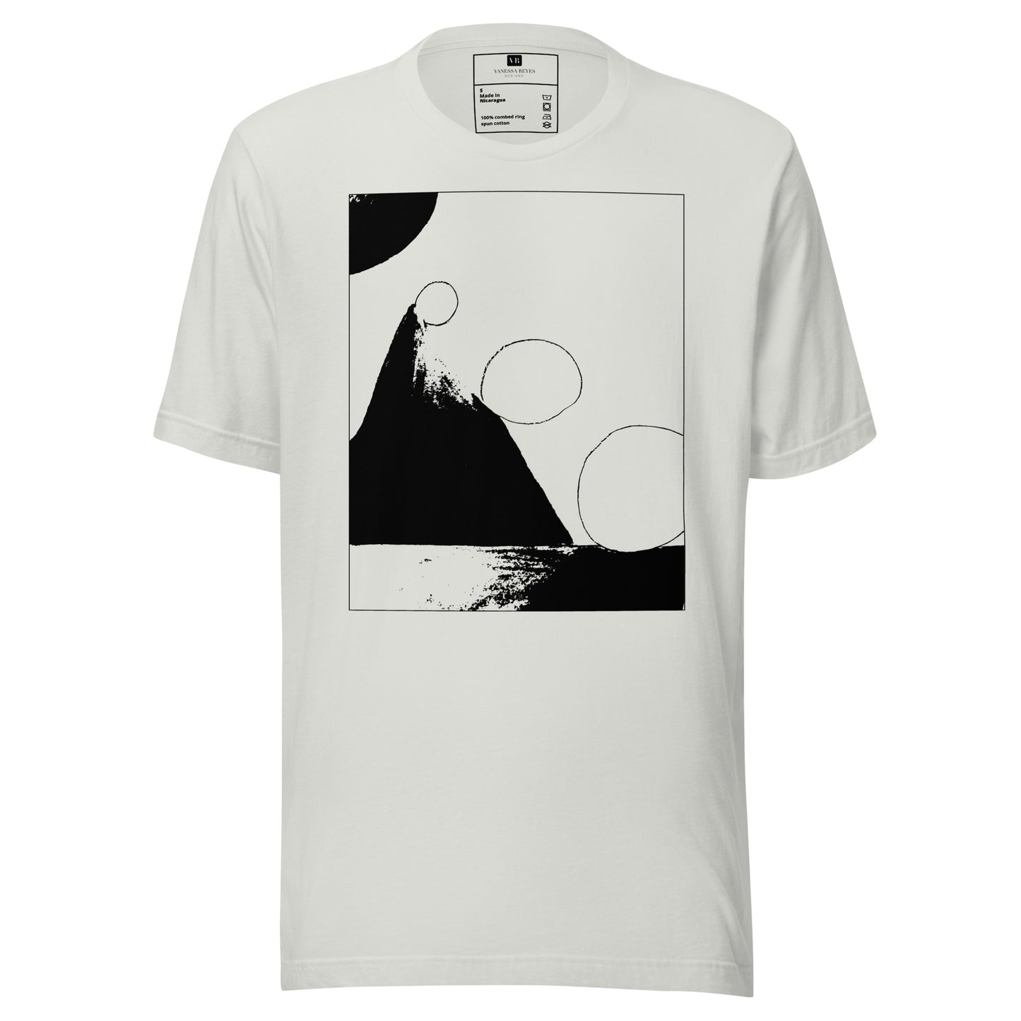 Gray cotton graphic t-shirt with black abstract pyramid artwork in a thin black square on front